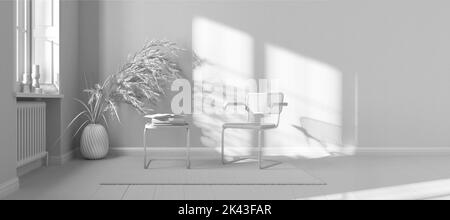 Progetto bianco totale, vista panoramica della moderna sala d'attesa. Poltrone in rattan e rubano, tavolino, moquette, finestre e decorazioni. Sfondo a righe Foto Stock