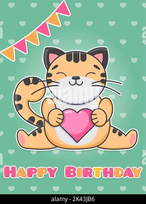 Biglietto d'auguri Buon compleanno. Carino gatto è in possesso di un cuore rosa. Cartone animato piatto vettore illustrazione. Illustrazione Vettoriale