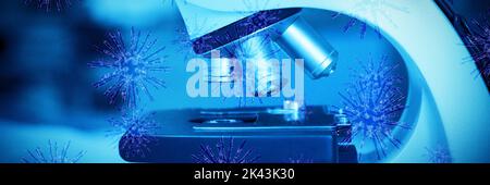 Immagine digitale del coronavirus blu al microscopio in laboratorio. Test per Coronavirus, concetto pandemico globale Foto Stock