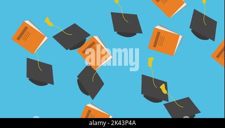 Immagine dei cappelli e dei taccuini dell'università di laurea che cadono sullo sfondo blu. Concetto di laurea, istruzione e scolarizzazione generato digitalmente Foto Stock