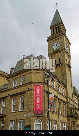 Chorley Town Hall e la torre dell'orologio, Market Street, Chorley, Lancashire, Inghilterra, UK , PR7 1DP, 1879 Foto Stock