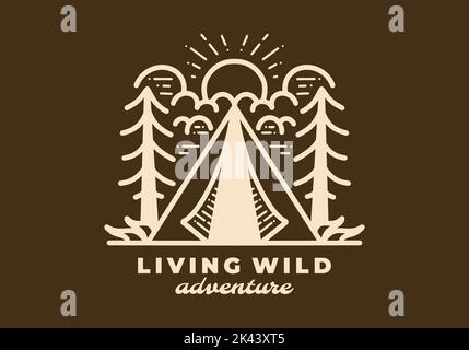 Linea arte vintage disegno di una tenda e pino Illustrazione Vettoriale