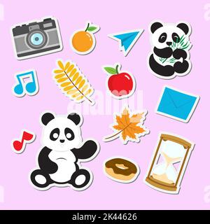 imposta la carina fotocamera da panda e altri elementi per le esigenze di patch badge adesivi e design illustrazione portachiavi Illustrazione Vettoriale