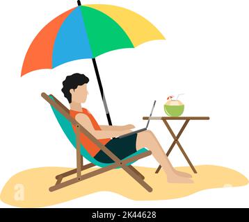 godetevi le vacanze in spiaggia mentre lavorate con i computer portatili per i freelance di design vettoriale Illustrazione Vettoriale