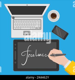 spazio di lavoro per la progettazione di illustrazioni di un concept designer freelance che lavora ovunque Illustrazione Vettoriale