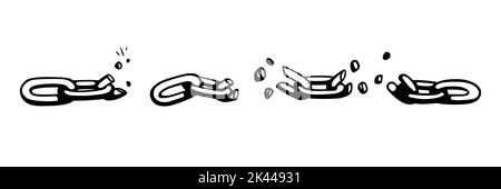 Catena spezzata con frantumazioni come simbolo di forza e libertà. Schizzo delle catene metalliche. Illustrazione vettoriale isolata su sfondo bianco Illustrazione Vettoriale