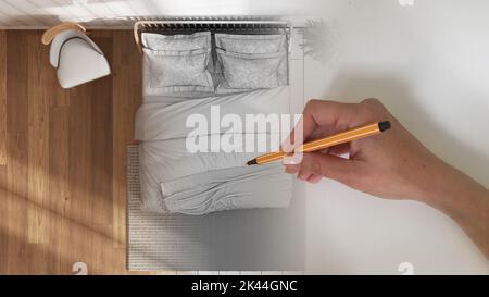 Architetto Interior designer concetto: Disegno a mano un progetto di interni di design mentre lo spazio diventa reale, camera da letto in legno con letto matrimoniale, cuscini, duv Foto Stock