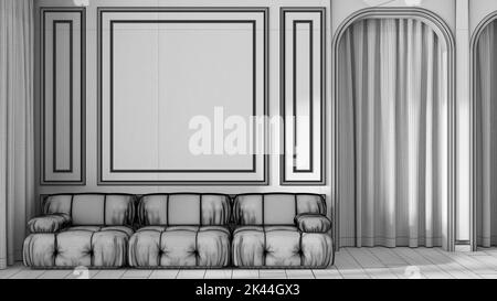 Progetto progetto BluePrint incompiuto, soggiorno neoclassico, pareti modellate con spazio copia, template. Porta ad arco con tenda e pavimento in parquet. Moderno Foto Stock