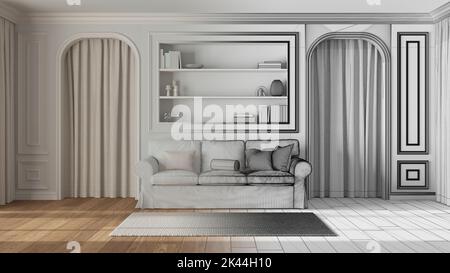 Architetto Interior designer Concept: Progetto disegnato a mano incompiuto che diventa reale, soggiorno neoclassico, pareti modellate. Porte ad arco con cu Foto Stock