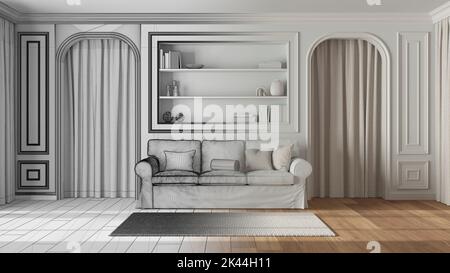 Architetto Interior designer Concept: Progetto disegnato a mano incompiuto che diventa reale, soggiorno neoclassico, pareti modellate. Porte ad arco con cu Foto Stock