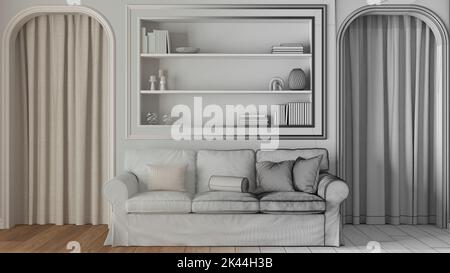 Architetto interior designer concetto: Progetto disegnato a mano incompiuto che diventa reale, neoclassico soggiorno primo piano, pareti modellate con libreria Foto Stock