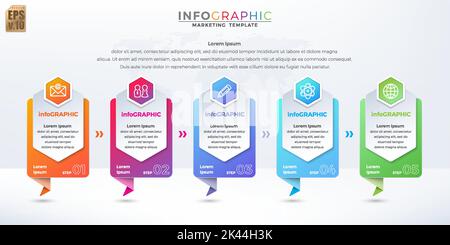 Infografica business design esagono icone colorate marketing modello vettore. 5 opzioni o passaggi sullo stile del banner. È possibile utilizzare per il processo di marketing, Illustrazione Vettoriale