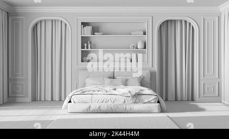 Progetto totale bianco, camera da letto neoclassica. Letto matrimoniale e moquette, pareti ad arco con tende. Pareti stampate e scaffale, parquet. Classico interio Foto Stock