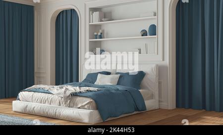 Camera classica in tonalità bianche e blu. Letto matrimoniale e moquette moderni, pareti ad arco con tende. Pareti stampate e scaffale, parquet. Neoclassico int Foto Stock