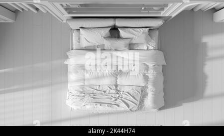 Progetto totale bianco, camera da letto neoclassica. Letto matrimoniale e moquette, pareti ad arco con tende. Pareti stampate e scaffale, parquet. Vista dall'alto, pianta, Foto Stock