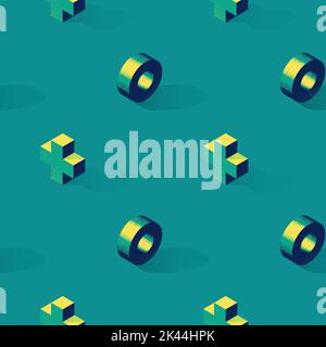 Motivo senza cuciture con forma a croce o a più e anello sullo sfondo in stile moderno a trama punteggiata. Stampa su tessuto, involucro o sfondo, retro stilizzato. Illustrazione Vettoriale