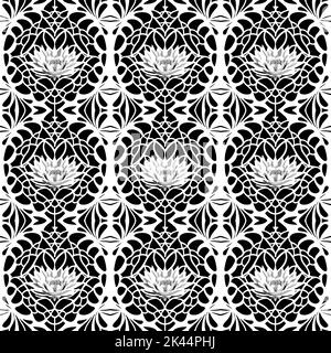 Disegno grafico a linee vettoriali senza cuciture realizzato con linee nere abbozzate fiori di giglio disegnati a mano su bianco, stile retrò Illustrazione Vettoriale