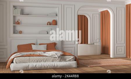 Camera da letto e bagno in stile neoclassico nei toni del bianco e dell'arancione. Letto moderno e vasca indipendente, pareti ad arco con tende. Pareti stampate e parquet. Foto Stock