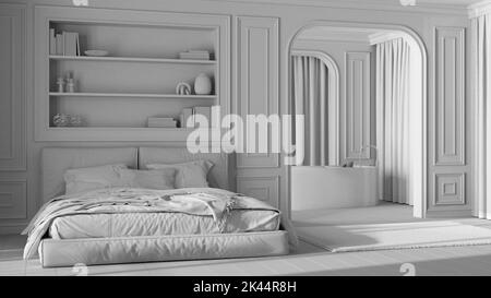 Progetto bianco totale, camera da letto e bagno neoclassici. Letto moderno e vasca indipendente, pareti ad arco con tende. Pareti stampate e parquet. Foto Stock