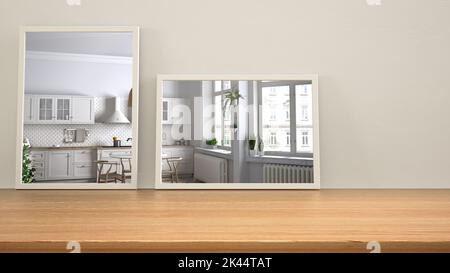 Specchi minimalisti su tavolo, scrivania o scaffale in legno che riflettono la scena del design degli interni. Cucina bianca con tavolo da pranzo e finestre. Backgrou scandinavo Foto Stock
