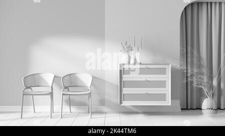 Progetto bianco totale, sfondo di interior design. Soggiorno con poltrone in rattan e credenza in legno, pareti in gesso. Nicchia ad arco con spirito Foto Stock