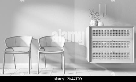 Progetto bianco totale, sfondo di interior design. Soggiorno, salotto e sala d'attesa con poltrone in rattan e credenza in legno con decor. Stucco Foto Stock