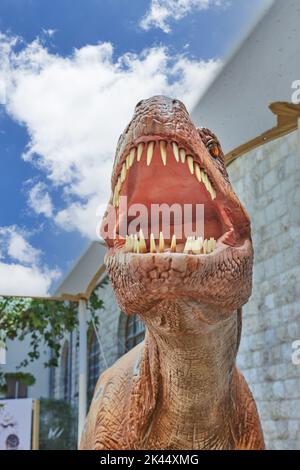 La figura di dinosauro a grandezza naturale nel parco è un'approssimazione alla realtà Foto Stock