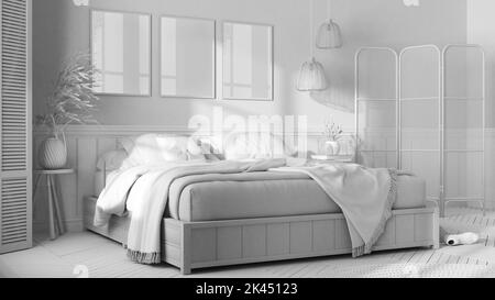 Progetto bianco totale, camera scandinava in legno. Letto matrimoniale con coperte. Pannello a parete e pavimento in parquet, moquette. Schermo pieghevole in rattan e lampade Foto Stock