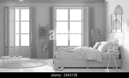 Progetto bianco totale, camera da letto in legno moderna casale. Letto matrimoniale con coperte. Finestre con persiane e pavimento in parquet, moquette e decorazioni, travi Foto Stock