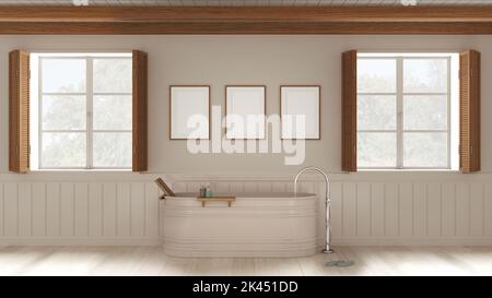 Bagno romantico con vasca autoportante in tonalità bianche. Telaio mockup. Due finestre panoramiche con persiane in legno e soffitto a travi. Parq Foto Stock