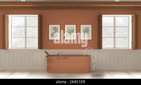 Bagno romantico con vasca autoportante nei toni del bianco e dell'arancione. Due finestre panoramiche con persiane in legno e soffitto a travi. Parquet Foto Stock