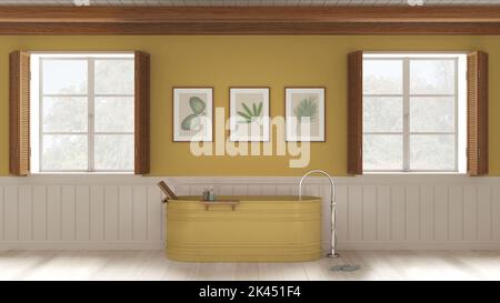 Bagno romantico con vasca autoportante nei toni del bianco e del giallo. Due finestre panoramiche con persiane in legno e soffitto a travi. Parquet Foto Stock