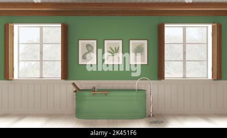 Bagno romantico con vasca autoportante nei toni del bianco e del verde. Due finestre panoramiche con persiane in legno e soffitto a travi. Parquet, Foto Stock