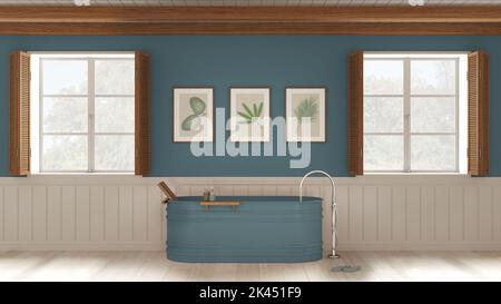 Bagno romantico con vasca autoportante nei toni del bianco e del blu. Due finestre panoramiche con persiane in legno e soffitto a travi. Parquet, Foto Stock