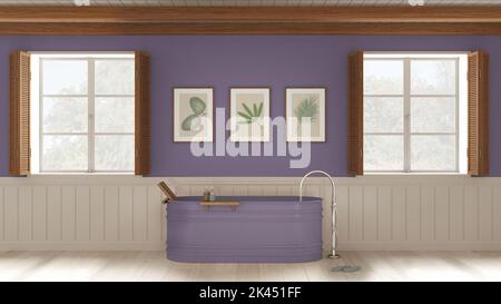 Bagno romantico con vasca autoportante nei toni del bianco e del viola. Due finestre panoramiche con persiane in legno e soffitto a travi. Parquet Foto Stock