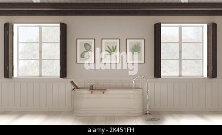 Bagno romantico con vasca autoportante nei toni del bianco e del scuro. Due finestre panoramiche con persiane in legno e soffitto a travi. Parquet, Foto Stock