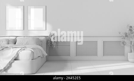 Progetto totale bianco, sfondo di design interno camera da letto con spazio copia, pannello di legno con persiane, parete in gesso con immagini. Letto con Bla Foto Stock