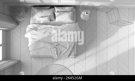 Progetto bianco totale, camera da letto in legno di campagna. Letto matrimoniale con coperte. Finestre con persiane e pavimento in parquet, vista dall'alto, piano, sopra. Interno d Foto Stock