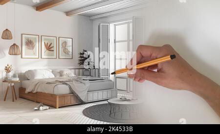 Architetto interior designer concetto: Disegno a mano un progetto di interior design, mentre lo spazio diventa reale, in legno romantico paese camera da letto con matrimoniale Foto Stock