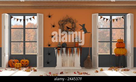 Interni di Halloween, soggiorno con camino in tonalità arancio e grigio. Finestre panoramiche sul paesaggio autunnale. Decorazioni per feste, cla moderno Foto Stock