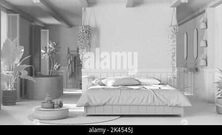 Progetto bianco totale, camera da letto bohémien in legno e bagno in stile bohémien. Letto, vasca e lavabi, piante in vaso. Finestra con persiane. Farmh Foto Stock