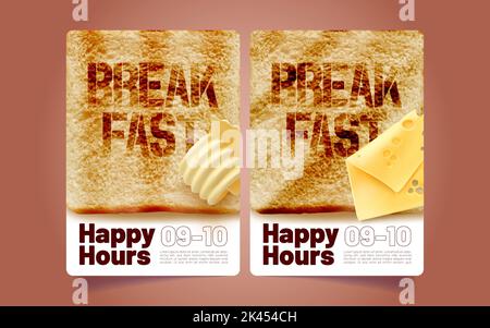 Set di modelli banner Happy Hours. Rappresentazione vettoriale realistica di appetitoso pane tostato con burro e fetta di formaggio in un bar o un ristorante Illustrazione Vettoriale