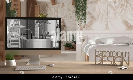 Progetto architetto designer concept, tavolo in legno con chiavi, 3D lettere parole bagno design e desktop che mostra la bozza, BluePrint CAD schizzo nel ba Foto Stock