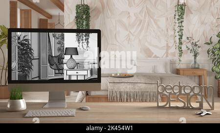 Progetto architetto designer concept, tavolo in legno con chiavi, lettere da camera e desktop con bozzetto CAD BluePrint, sformo sfocato sul retro Foto Stock