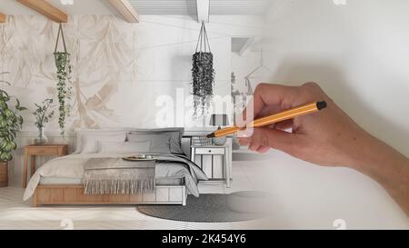 Architetto interior designer concetto: Disegno a mano un progetto di interior design, mentre lo spazio diventa reale, bohémien camera da letto in legno in stile boho, doppietta Foto Stock