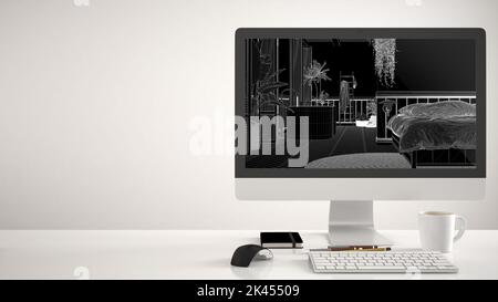 Progetto casa architetto, computer desktop su sfondo bianco, scrivania con disegno CAD, camera da letto in legno bohémien e bagno in stile bohémien Foto Stock