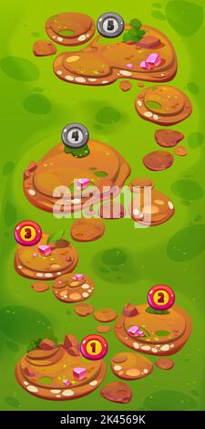 Sfondo del gioco con mappa di livello con icone con numeri sul paesaggio estivo con prato verde, erba e pietre. Illustrazione di cartoni animati vettoriali per mobili g Illustrazione Vettoriale