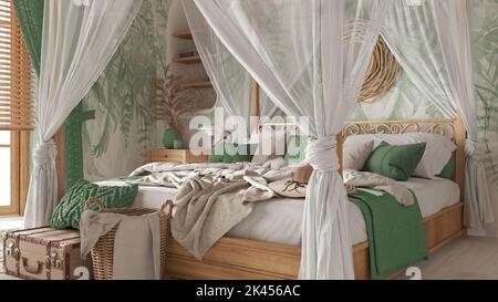 Camera da letto in primo piano con letto a baldacchino in tonalità bianche e verdi. Carta da parati naturale, coperte, piumini e cuscini. Mobili bohemien in rattan e legno. Boho Foto Stock