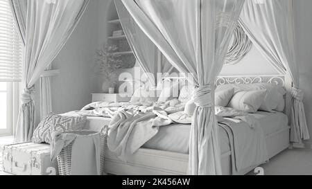 Progetto totale bianco bozza, camera da letto primo piano con letto a baldacchino. Coperte, piumoni e cuscini. Mobili bohemien in rattan e legno. Interni in stile boho de Foto Stock