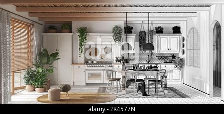 Architetto Interior designer Concept: Progetto disegnato a mano incompiuto che diventa reale, vista panoramica della cucina contemporanea in legno. Scandinavia Foto Stock